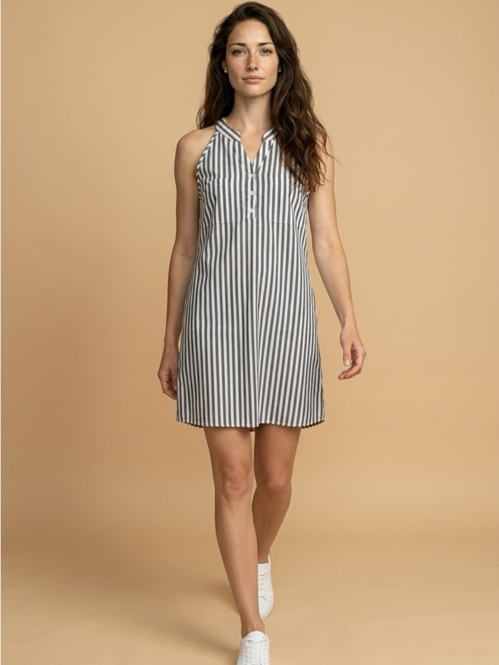 NWOT Non branded Striped Sleeveless Halter Dress / Gray and White, Size L/XL